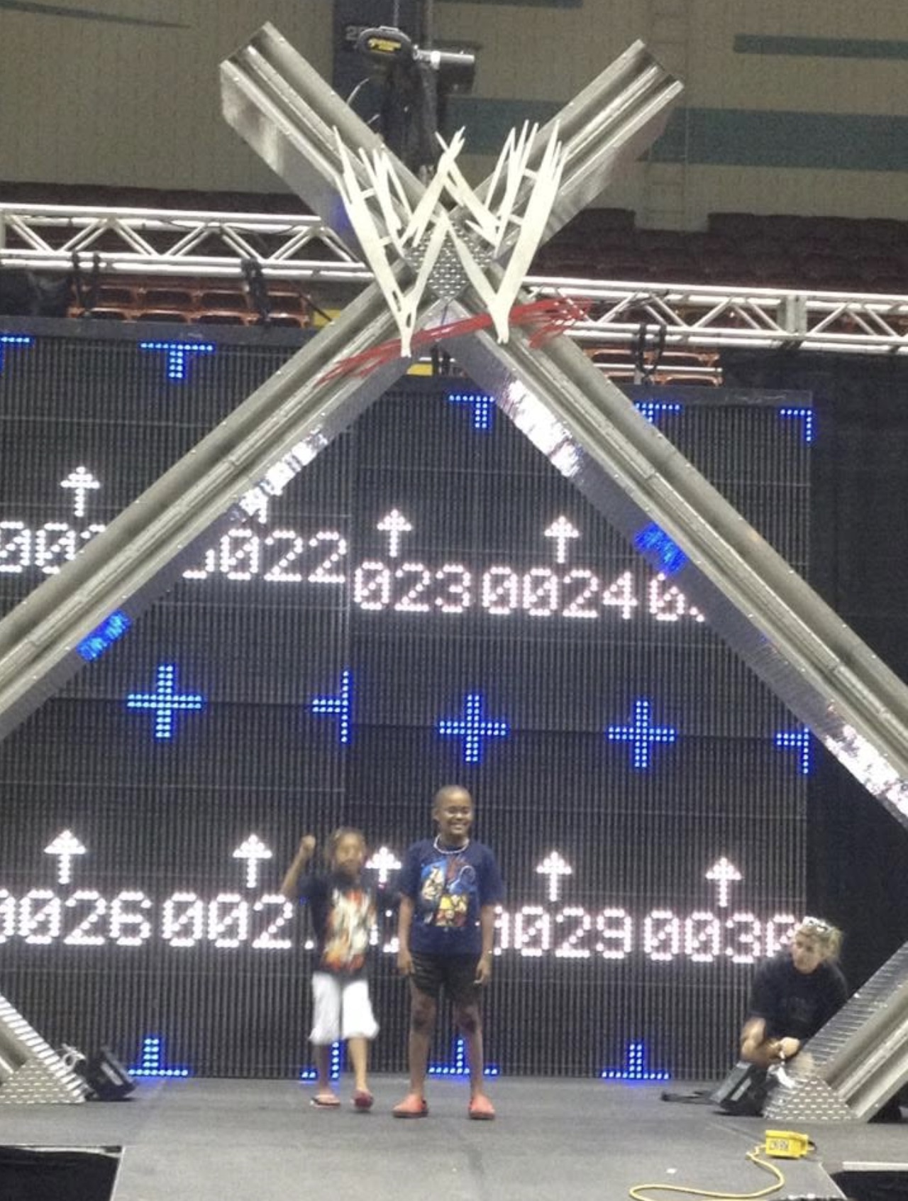 Kip's kids on the WWE entrance ramp before the show